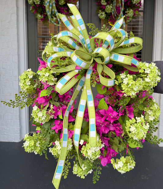Pink and Green Hydrangea Wreath with Blue/Green Hand Tied JME Bow. About 20"x 20"
