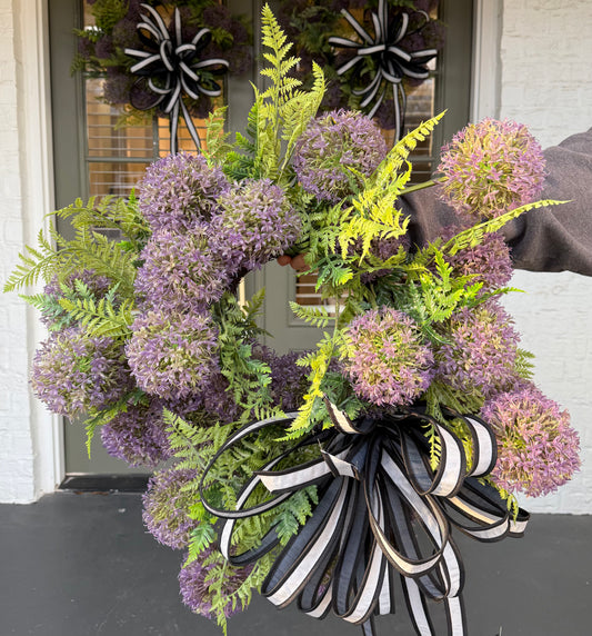 Purple Allium and Fern Wreath with Black/Gray Hand Tied JME Bow. About 24"x 24"