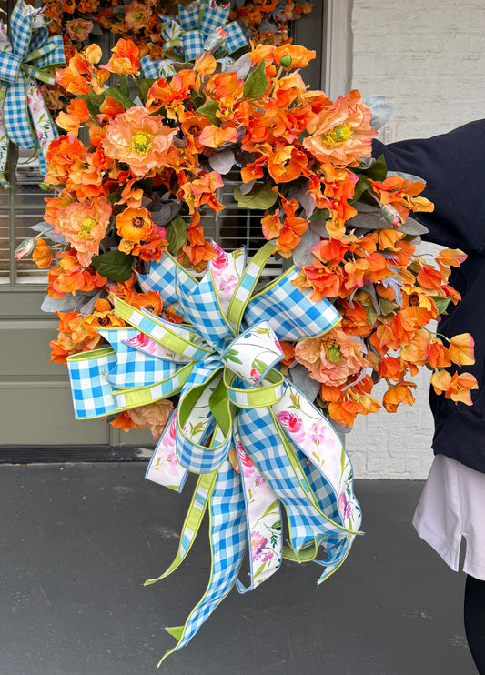 Orange Bougainvillea Wreath with JME Hand Tied Bow. About 30"x 30"