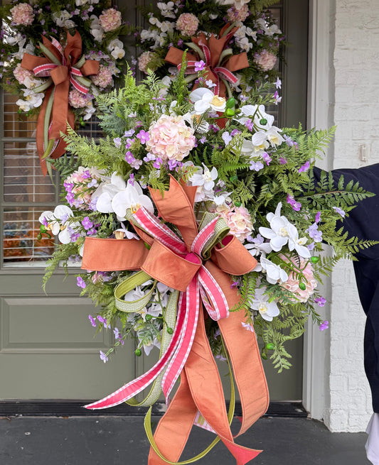Pink Hydrangea and Orchid Wreath with JME Hand Tied Bow. About 26"x 26"