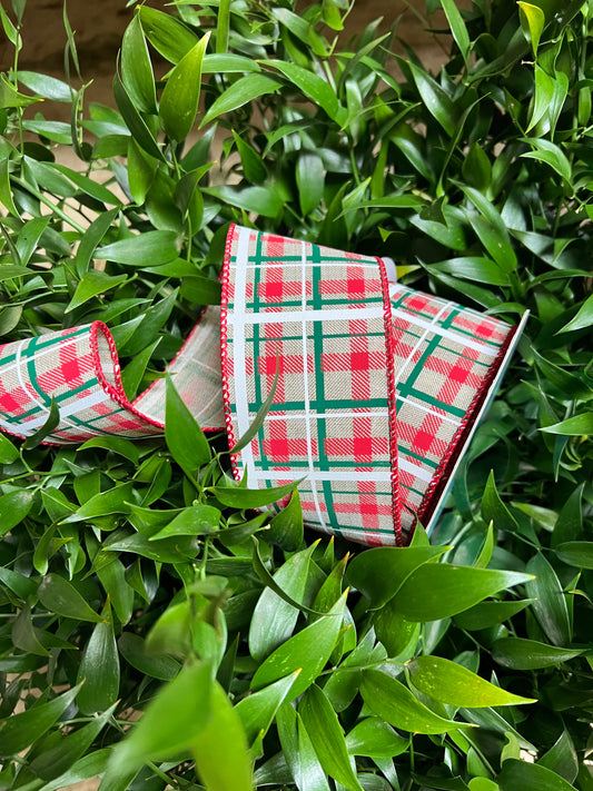 Red/Green/White on Beige Plaid Wired Ribbon 2.5"x 10YDS