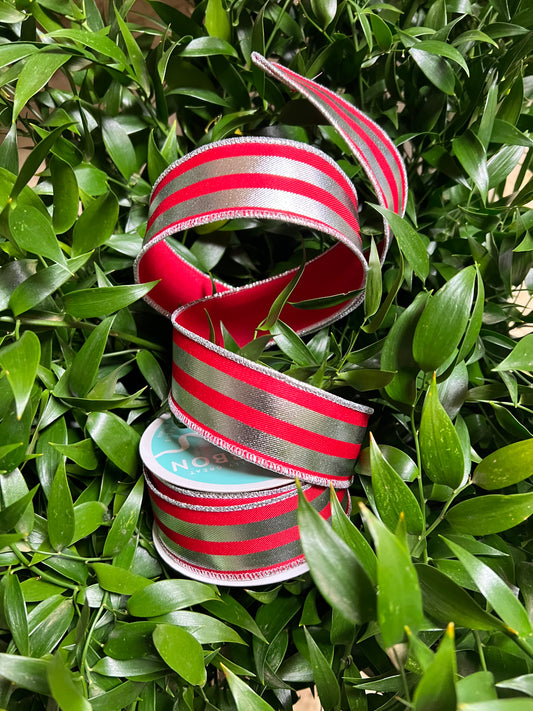 Red with Metallic Silver Horizontal Stripes Wired Ribbon 1.5"x 10YDS