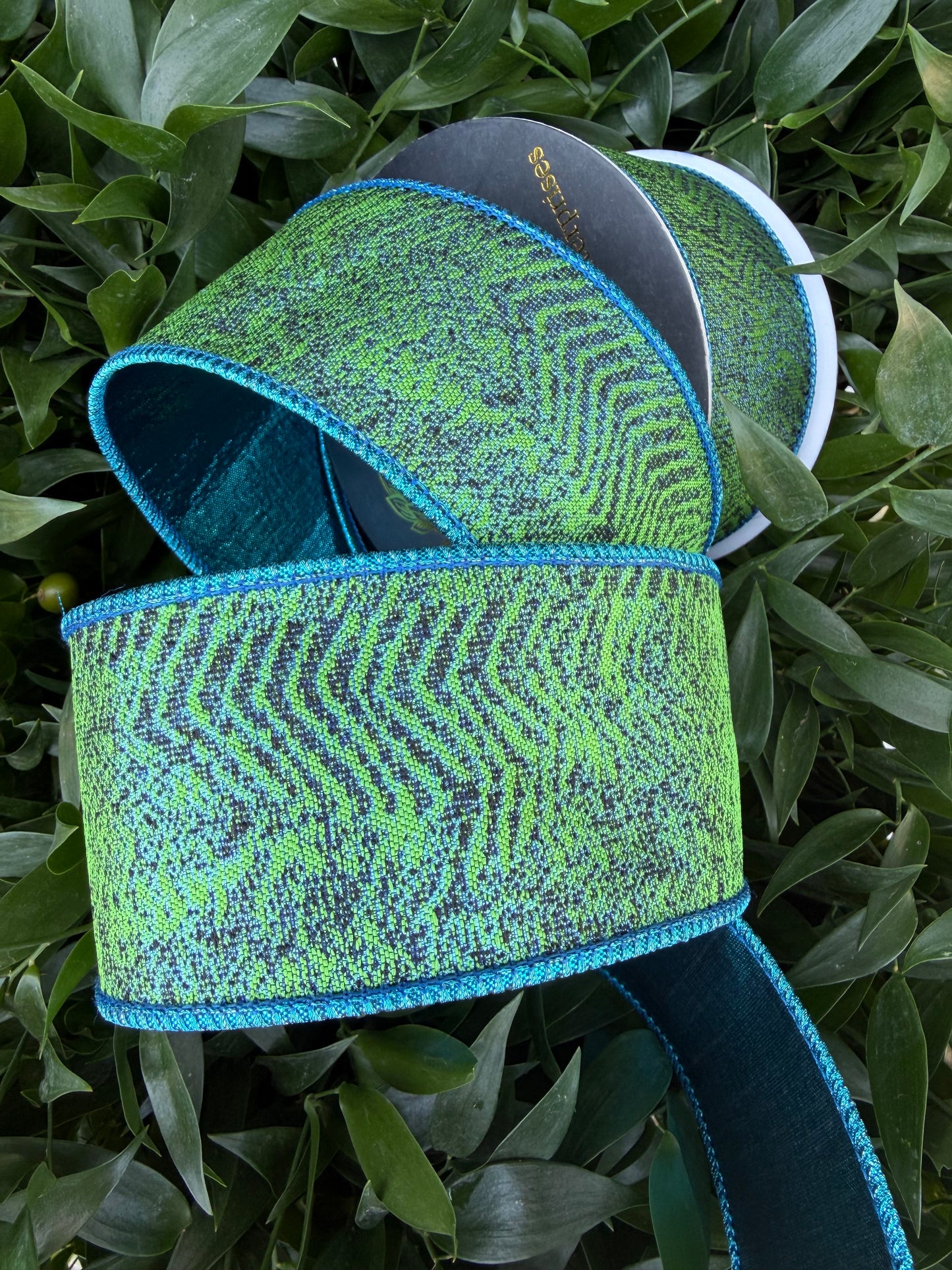 PEACOCK MIX JACQ/METALLIC DUPION FUSED 2.5"X10YD PEACOCK/TURQUOISE HEAVY WIRED RIBBON