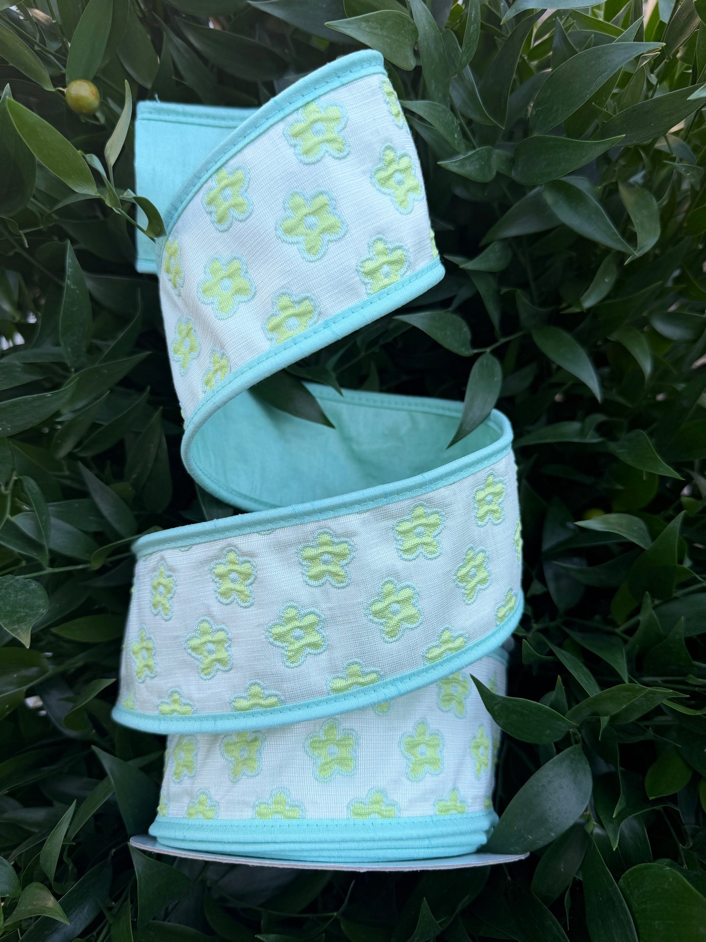 BLOSSOM JACQ/DUPION FUSED 2.5"x10YD GREEN/AQUA HEAVY WIRED RIBBON