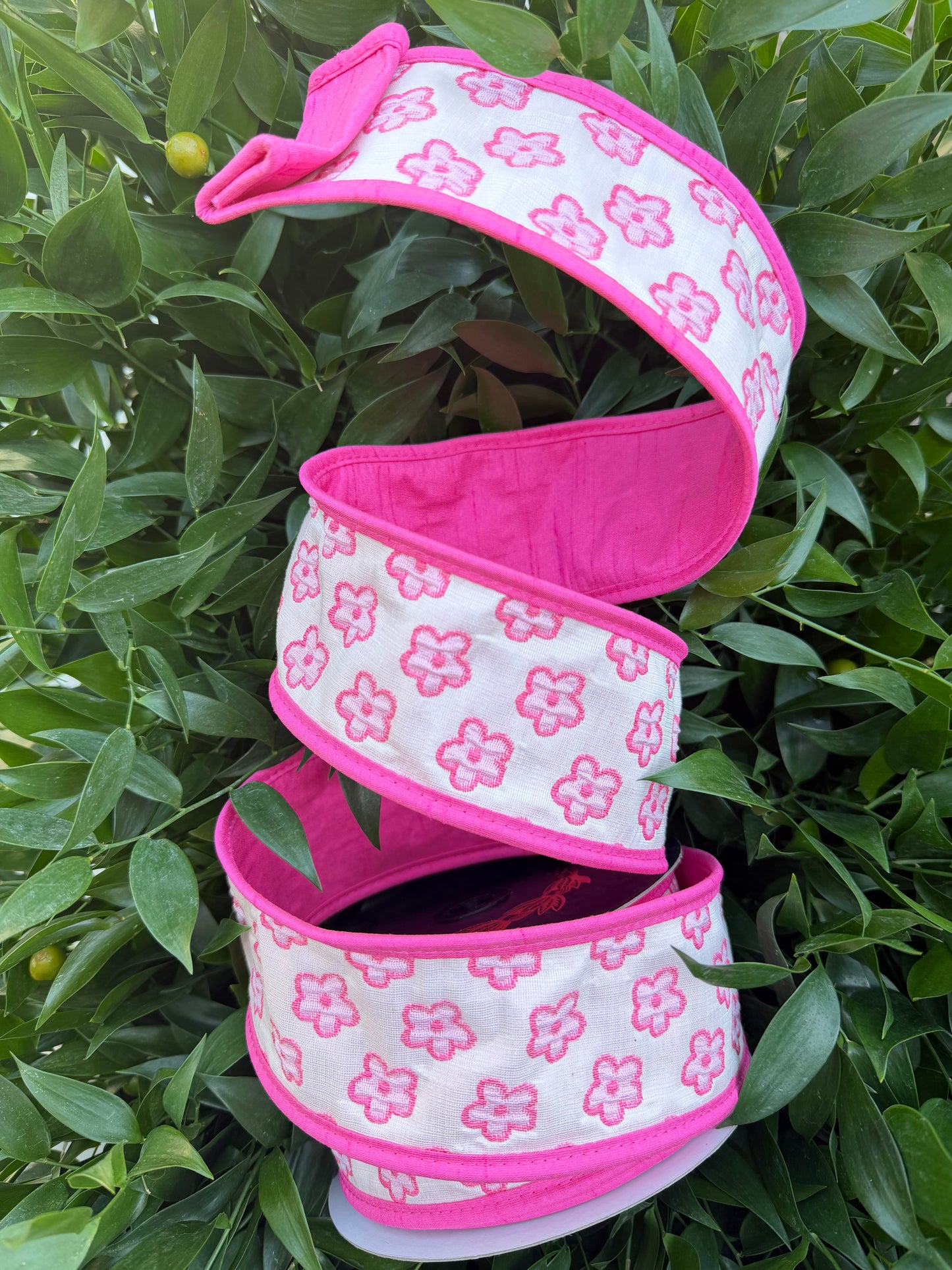 BLOSSOM JACQ/DUPION FUSED 2.5"x10YD PINK HEAVY WIRED RIBBON