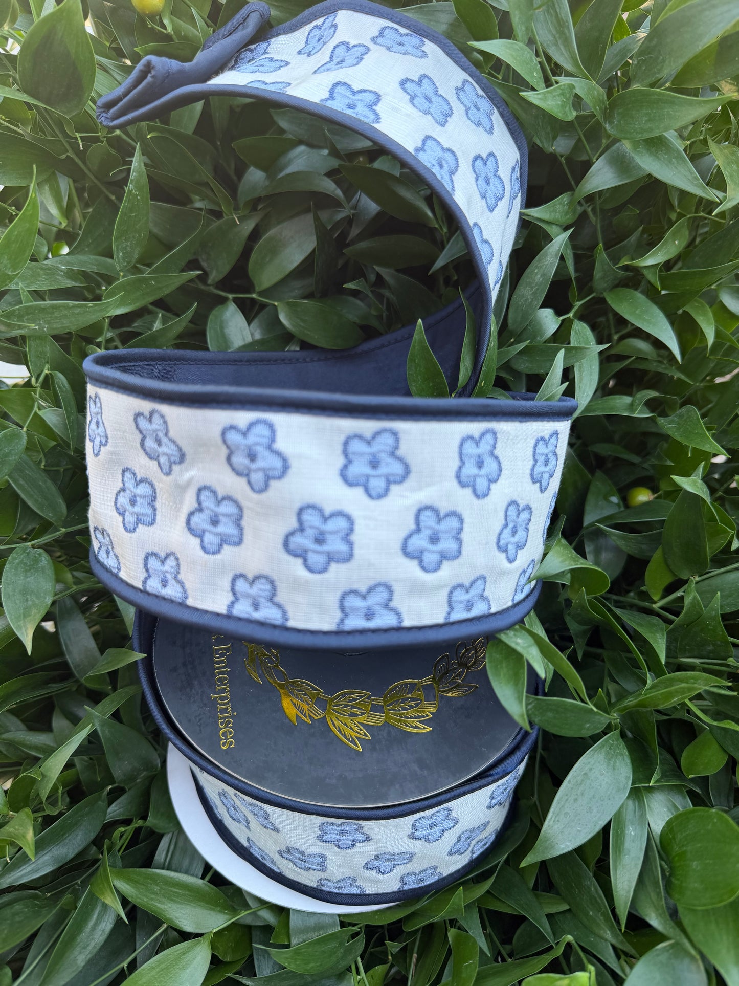 BLOSSOM JACQ/TAFFETA FUSED 2.5"x10YD NAVY HEAVY WIRED RIBBON