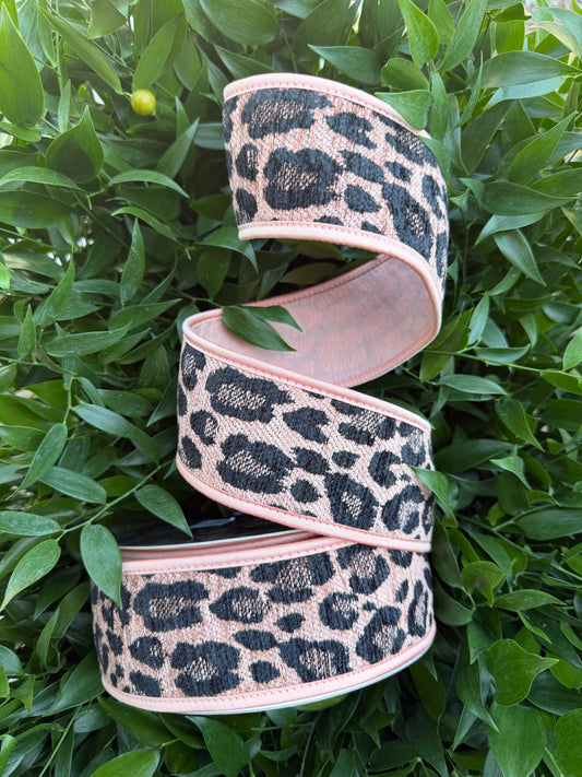 LEOPARD CHENILLE JACQ/DUPION FUSED/PIPING 2.5"X10YD PINK HEAVY WIRED RIBBON