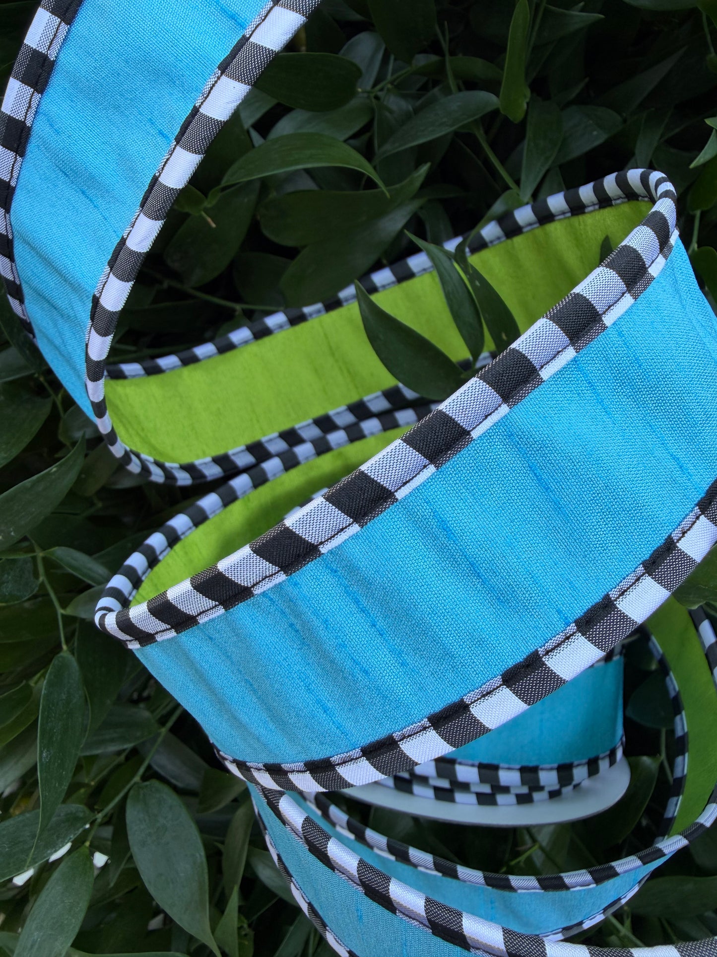 DUPION DBL FUSED/MED TAFFETA CHECK PIPING 1.5"x10YD BLUE/GREEN HEAVY WIRED RIBBON