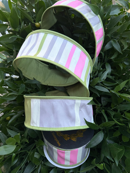 TAFFETA STRIPES/DUPION FUSED/PIPING 2.5"X10YD PINK/GREEN HEAVY WIRED RIBBON