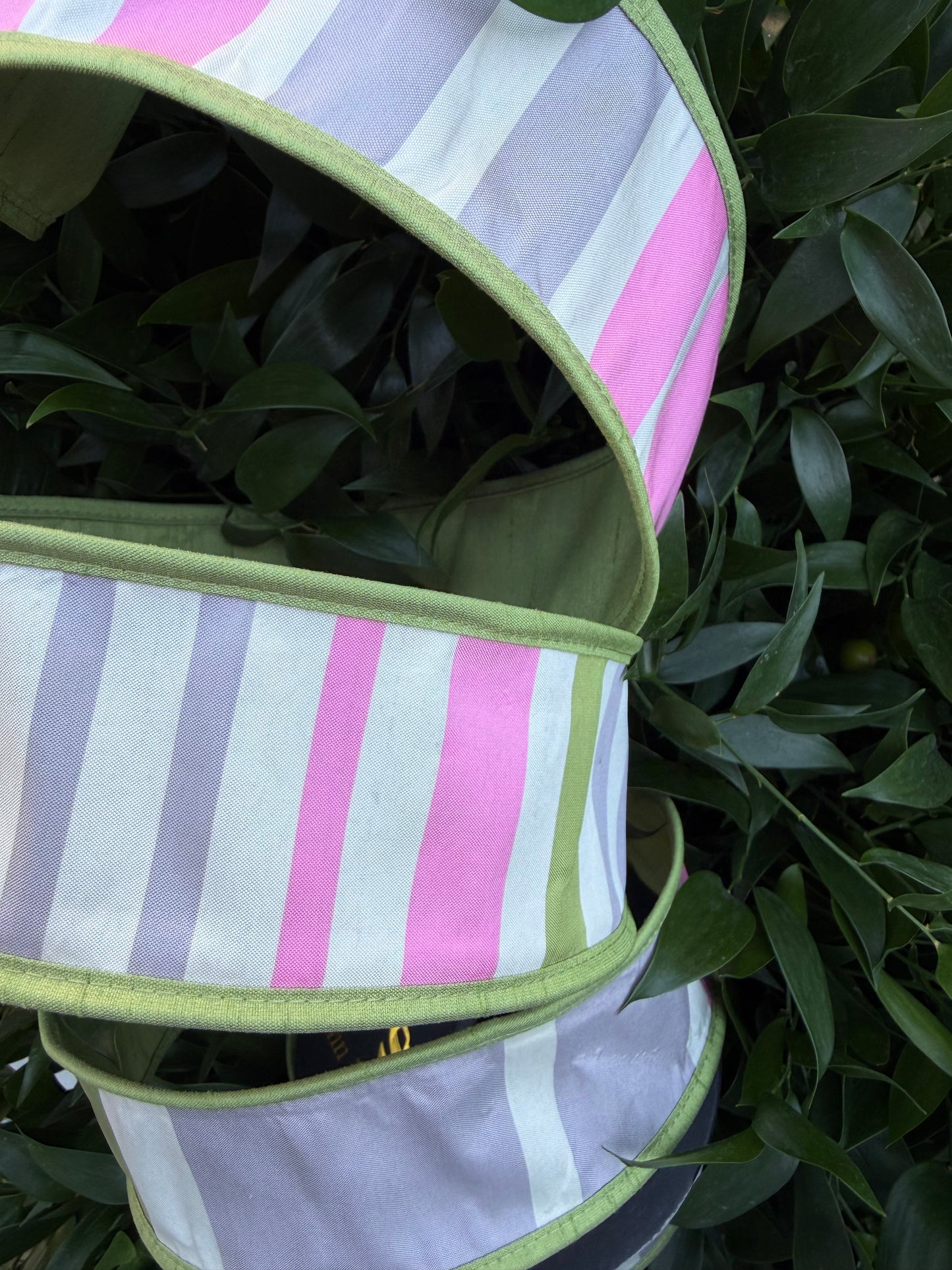 TAFFETA STRIPES/DUPION FUSED/PIPING 2.5"X10YD PINK/GREEN HEAVY WIRED RIBBON