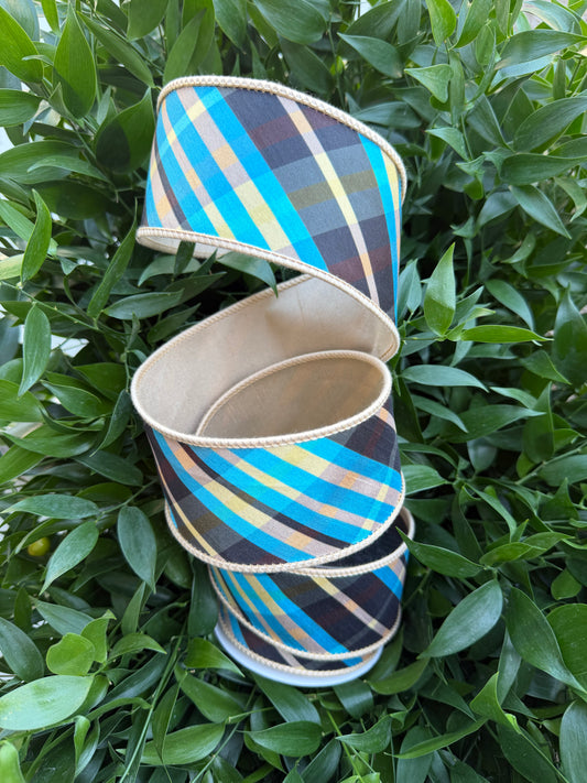 TAFFETA BIAS PLAID/DUPION FUSED 2.5"x10YD BLUE HEAVY WIRED RIBBON