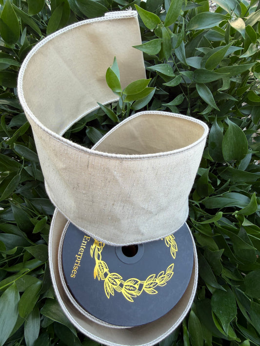 LINEN LOOK/TAFFETA FUSED 4"X10YD NATURAL HEAVY WIRED RIBBON