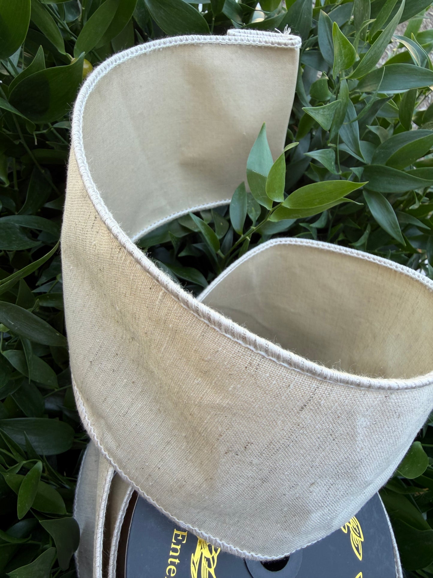 LINEN LOOK/TAFFETA FUSED 4"X10YD NATURAL HEAVY WIRED RIBBON