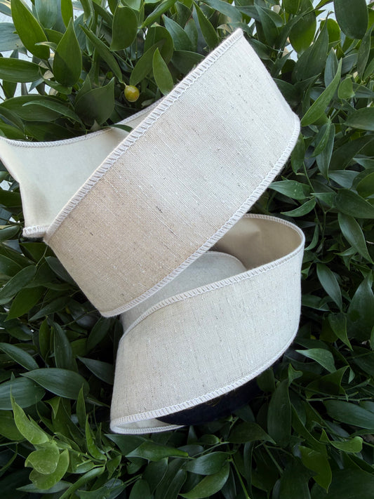 LINEN LOOK/TAFFETA FUSED 2.5"X10YD NATURAL HEAVY WIRED RIBBON