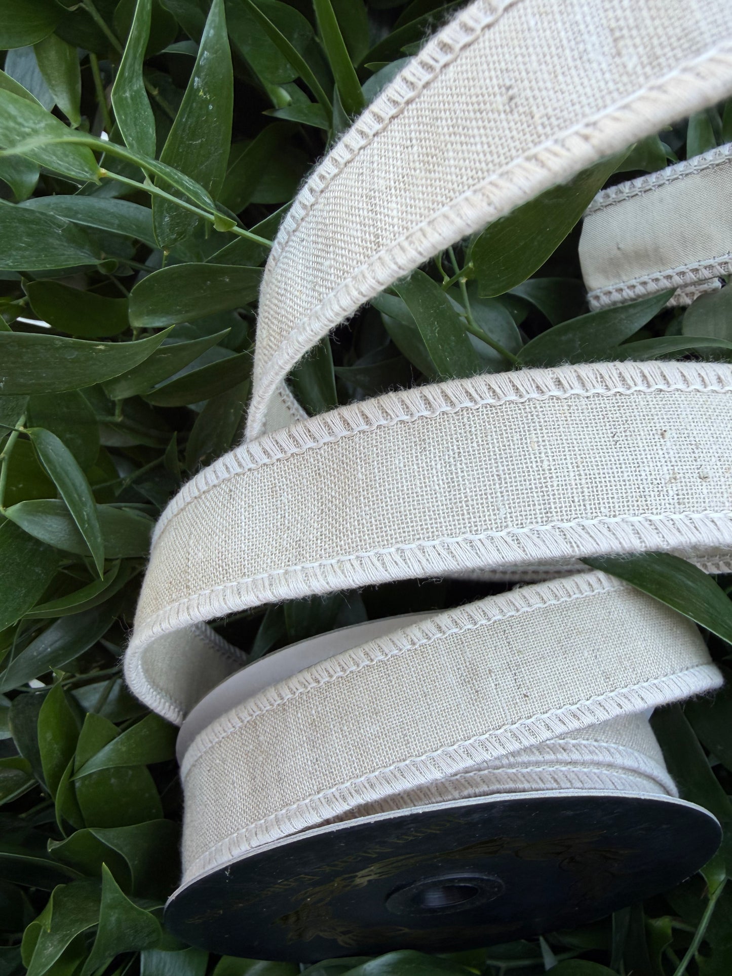 LINEN LOOK/TAFFETA FUSED 1"X10YD NATURAL HEAVY WIRED RIBBON