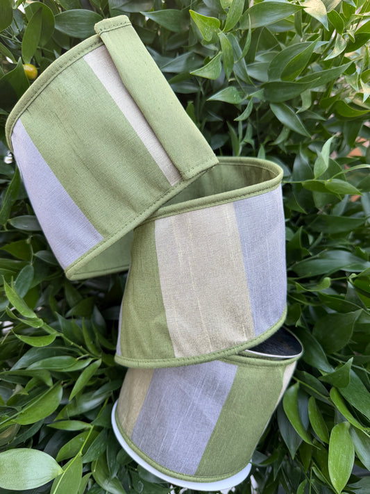 DUPION WIDE STRIPES/DBL FUSED PIPING 4"X10YD GREEN HEAVY WIRED RIBBON