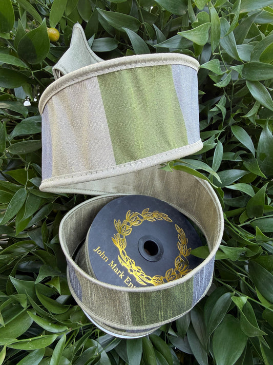 DUPION WIDE STRIPES/DBL FUSED PIPING 2.5"X10YD GREEN HEAVY WIRED RIBBON