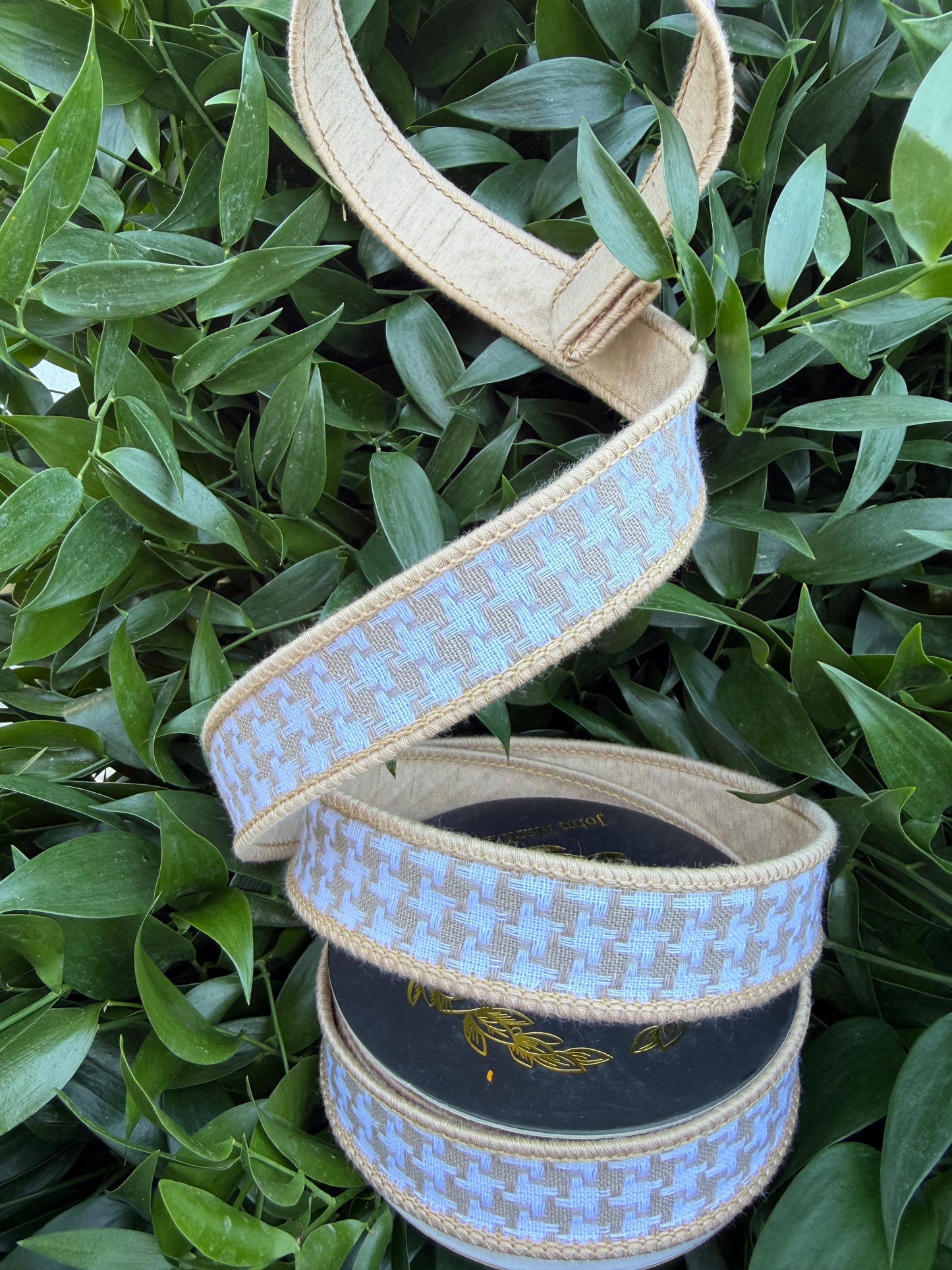 HOUNDS TOOTH/DUPION FUSED 1"X10YD TAN HEAVY WIRED RIBBON