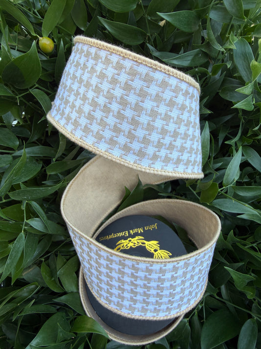 HOUNDS TOOTH/DUPION FUSED 2.5"X10YD TAN HEAVY WIRED RIBBON