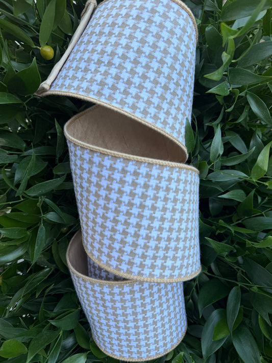 HOUNDS TOOTH/DUPION FUSED 4"X10YD TAN HEAVY WIRED RIBBON