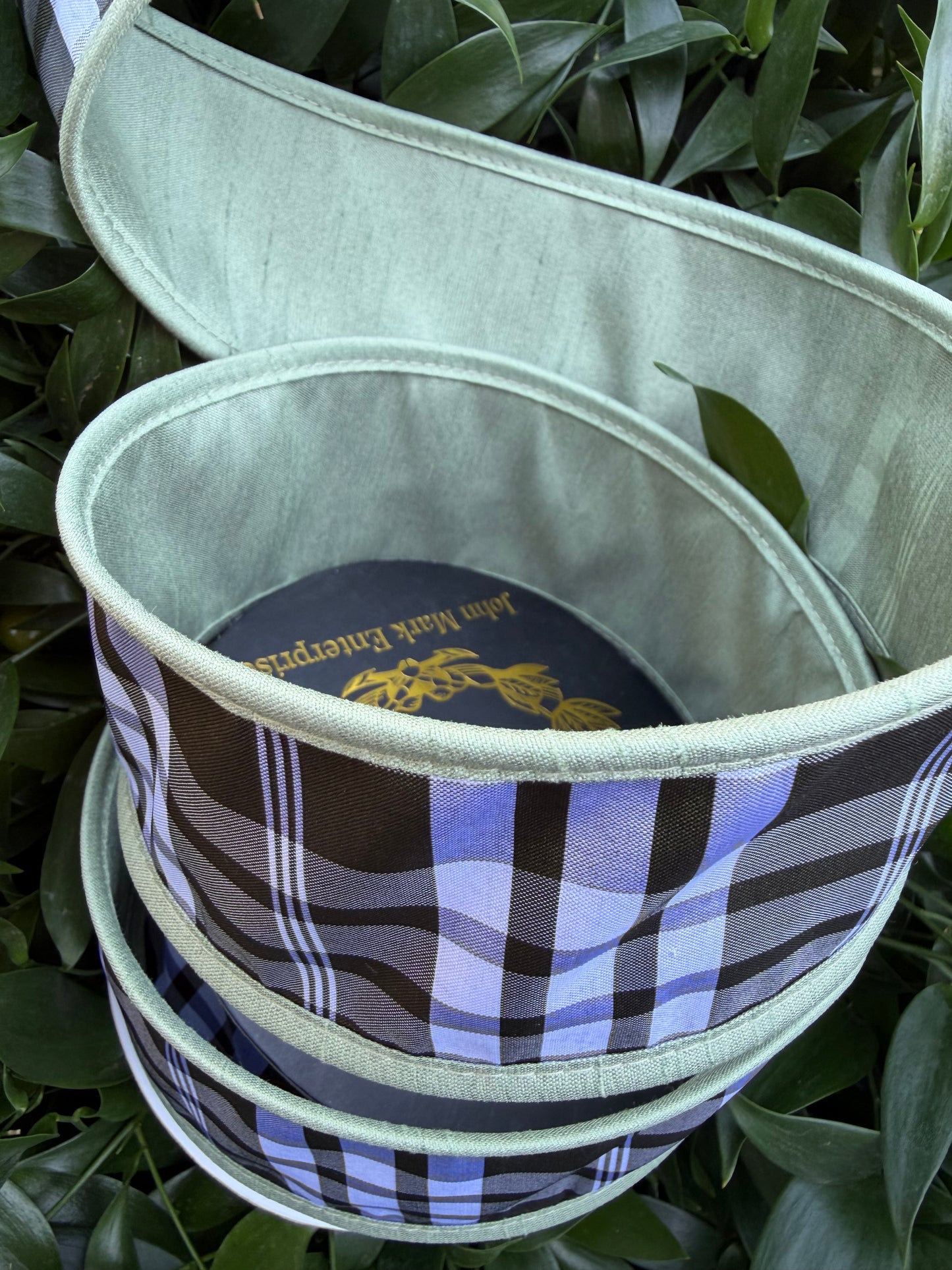 TAFFETA PLAID/DUPION FUSED BACK/PIPING 2.5"x10YD BLACK/WHITE/GREEN HEAVY WIRED RIBBON