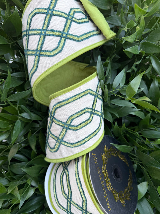 EMBR GEO CANVAS/DUPION FUSED/PIPING 4"X5YD NAT/GREEN HEAVY WIRED RIBBON