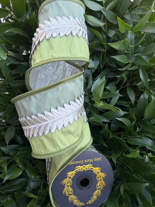 LEAF TRIM/DBL DUPION/METALLIC DUPION FUSED 4"X5YD GREEN TONE HEAVY WIRED RIBBON