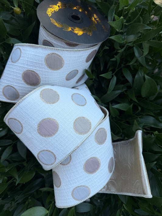 DOT JACQ/METALLIC DUPION FUSED/TAFFETA 4"X10YD TAUPE HEAVY WIRED RIBBON