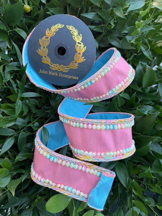 MULTI PEARL DBL SIDE TRIM/DUPION FUSED 2.5"X5YD PINK/TURQUOISE HEAVY WIRED RIBBON