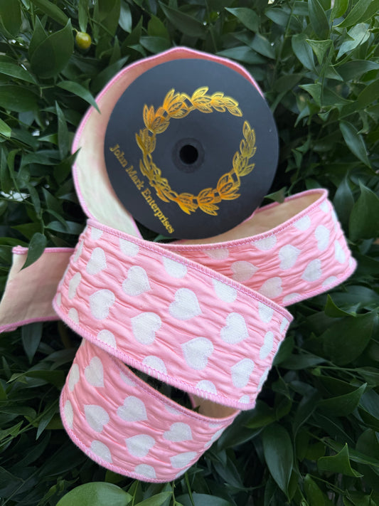 REVERSE SIDE HEART JACQ/DUPION FUSED 2.5"x10YD PINK/WHITE HEAVY WIRED RIBBON
