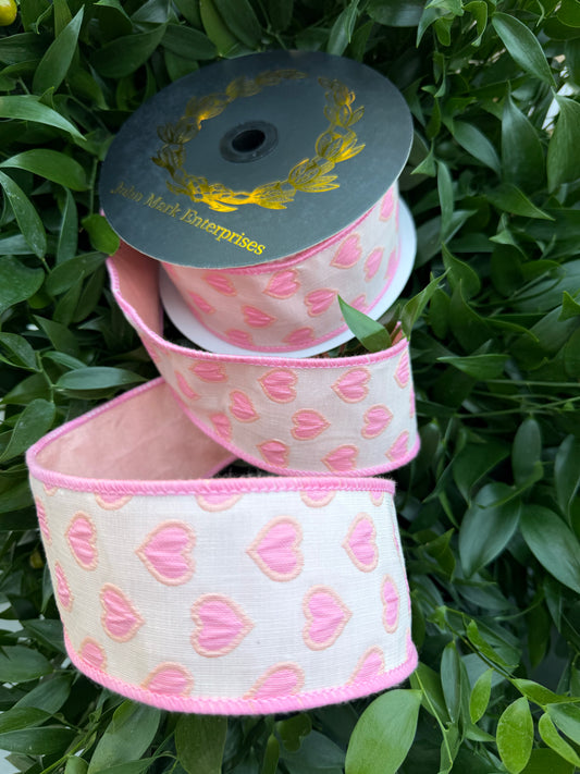 HEART JACQ/DUPION FUSED 2.5"x10YD WHITE/PINK HEAVY WIRED RIBBON