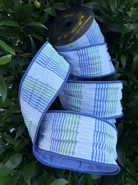 SEER SUCKER STRIPE JACQ/TAFFETA 2.5"X10YD BLUE/GREEN/WHITE HEAVY WIRED RIBBON