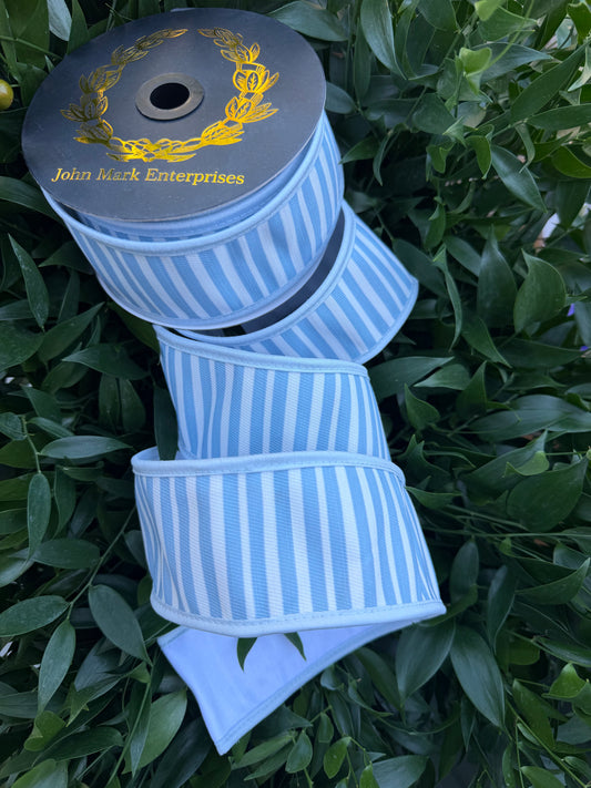 STRIPE COTTON/DUPION FUSED/DUPION PIPING 2.5"X10YD BLUE/WHITE HEAVY WIRED RIBBON