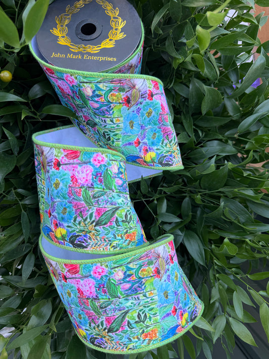 FLORAL WATER COLOR DIGI PRINT/DUPION BLUSH FUSED 4"x10YD MULITI/GREEN HEAVY WIRED RIBBON
