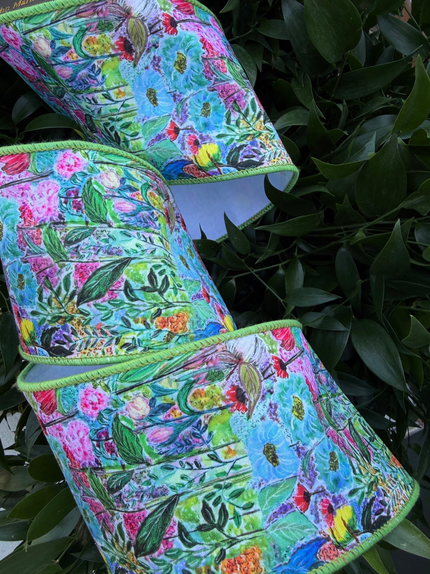 FLORAL WATER COLOR DIGI PRINT/DUPION BLUSH FUSED 4"x10YD MULITI/GREEN HEAVY WIRED RIBBON