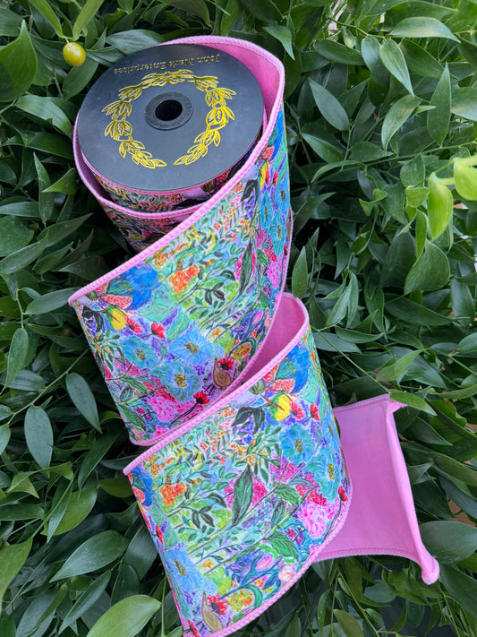 FLORAL WATER COLOR DIGI PRINT/DUPION BLUSH FUSED 4"x10YD MULTICOLOR/PINK HEAVY WIRED RIBBON