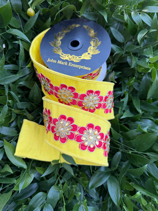 JEWELED FLOWER TRIM DUPION/DUPION FUSED 2.5"X5YD YELLOW HEAVY WIRED RIBBON