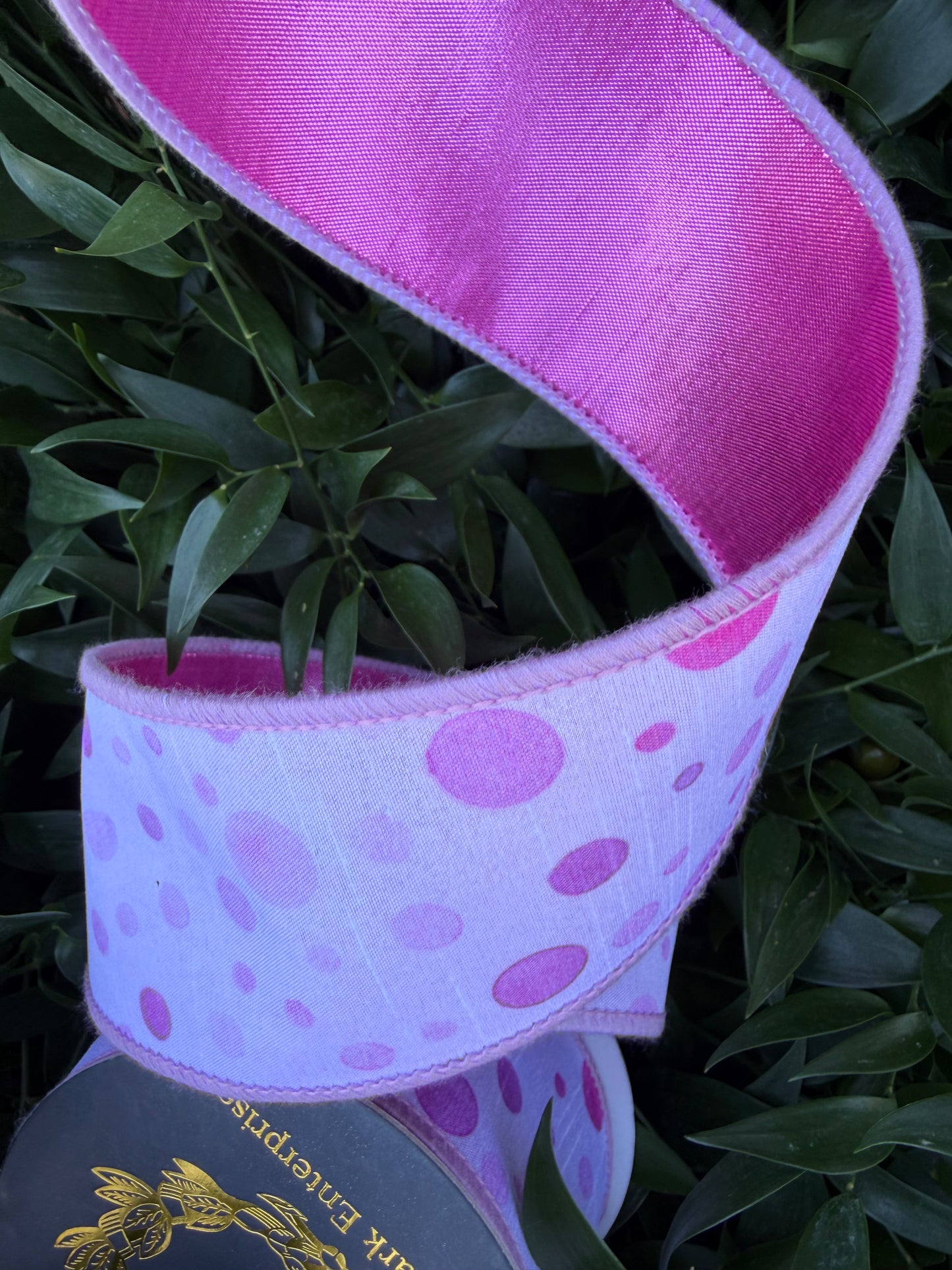 POLKA DOT DIGI PRINT/BLUSH DUPION FUSED 2.5"x10YD PINK HEAVY WIRED RIBBON