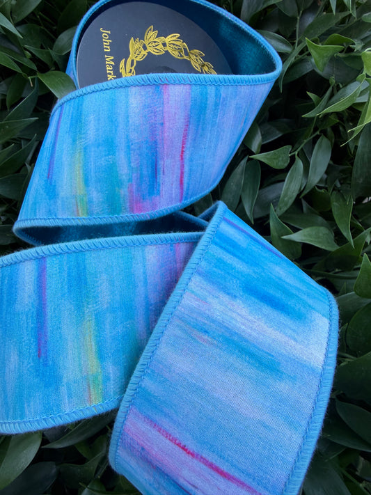 SUMMER SKY WATER COLOR DIGI/DUPION FUSED 2.5"x10YD BLUE HEAVY WIRED RIBBON