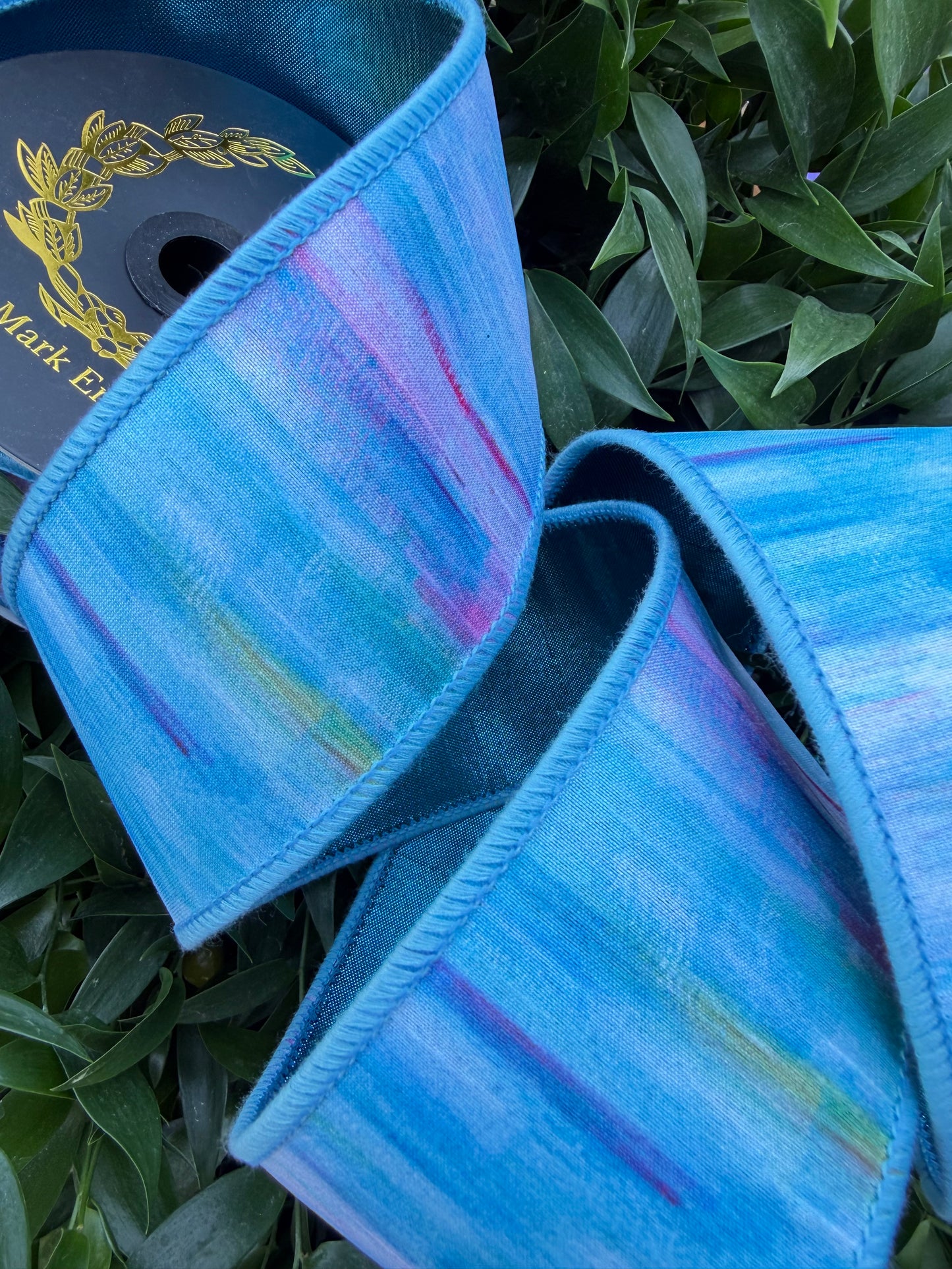 SUMMER SKY WATER COLOR DIGI/DUPION FUSED 2.5"x10YD BLUE HEAVY WIRED RIBBON