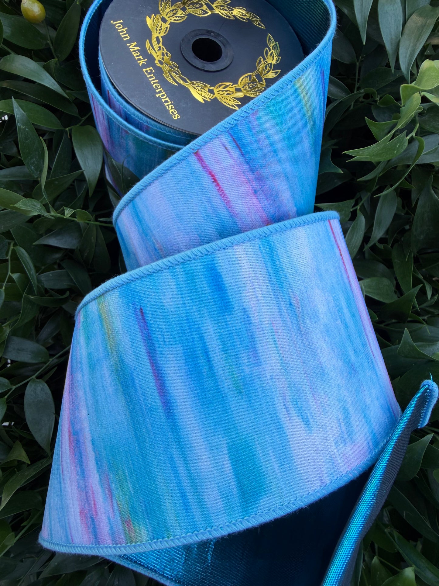 SUMMER SKY WATER COLOR DIGI/DUPION FUSED 4"x10YD BLUE HEAVY WIRED RIBBON