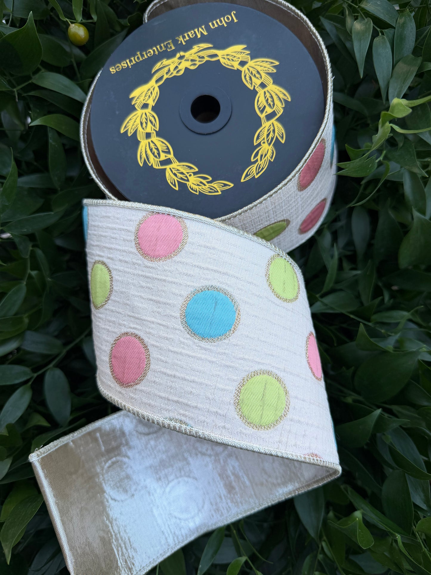 DOT JACQ/METALLIC DUPION FUSED/TAFFETA 4"X10YD MULTICOLOR HEAVY WIRED RIBBON