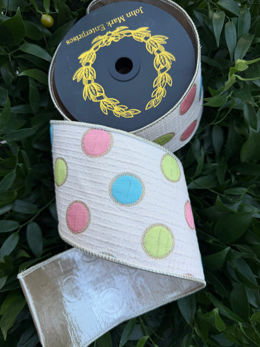 DOT JACQ/METALLIC DUPION FUSED/TAFFETA 4"X10YD MULTICOLOR HEAVY WIRED RIBBON