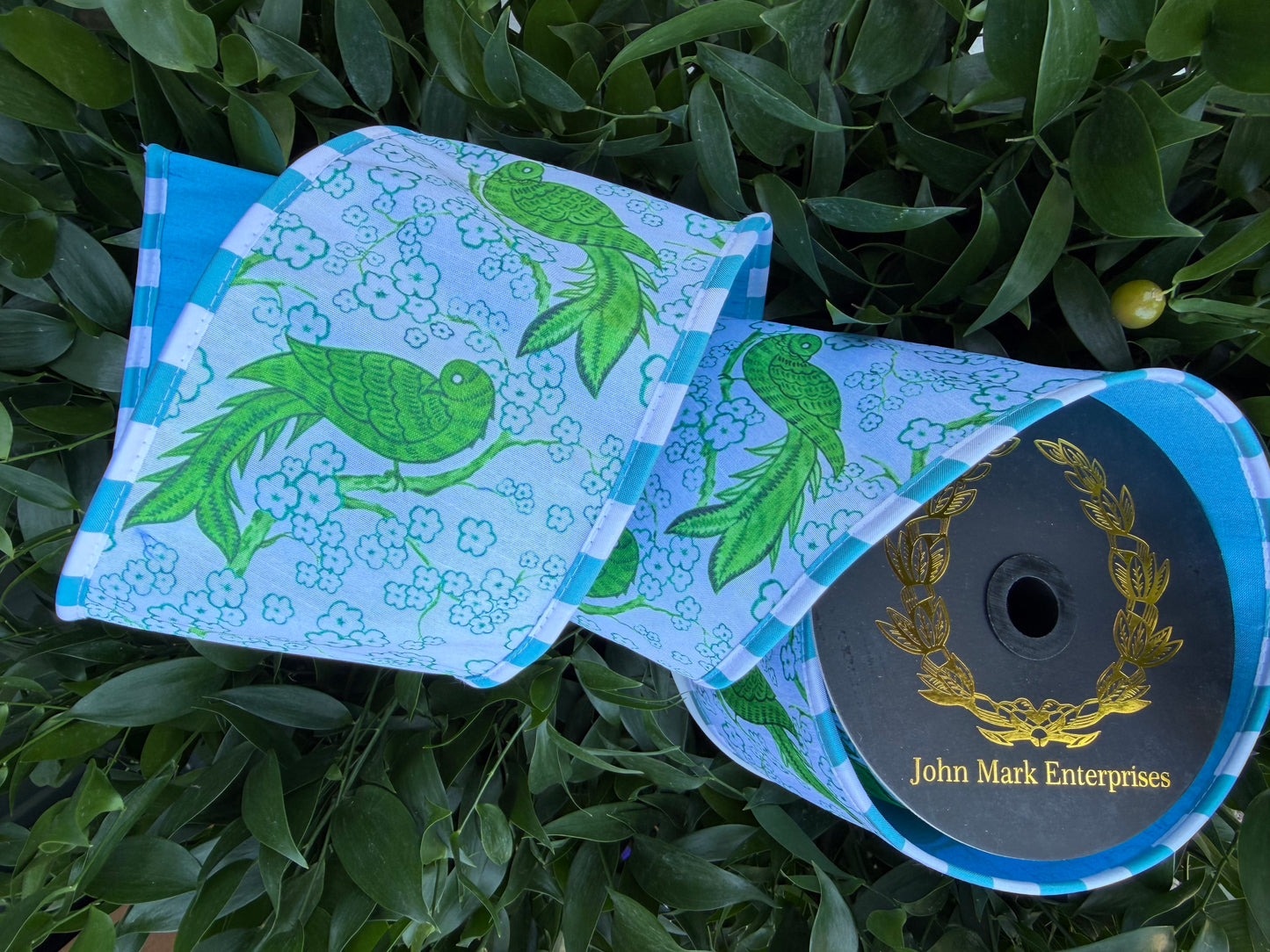 BIRD CHINOISERIE DIGI PRINT/DUPION FUSED/STRIPE PIPING 4"X10YD GREEN/BLUE HEAVY WIRED RIBBON