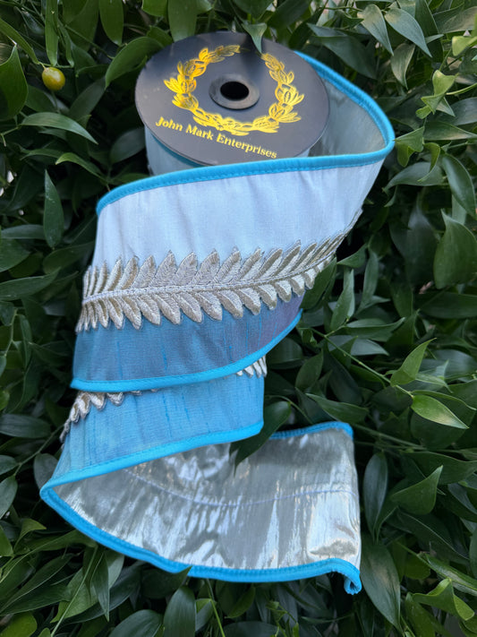 LEAF TRIM/DBL DUPION/METALLIC DUPION FUSED 4"X5YD BLUE TONE HEAVY WIRED RIBBON