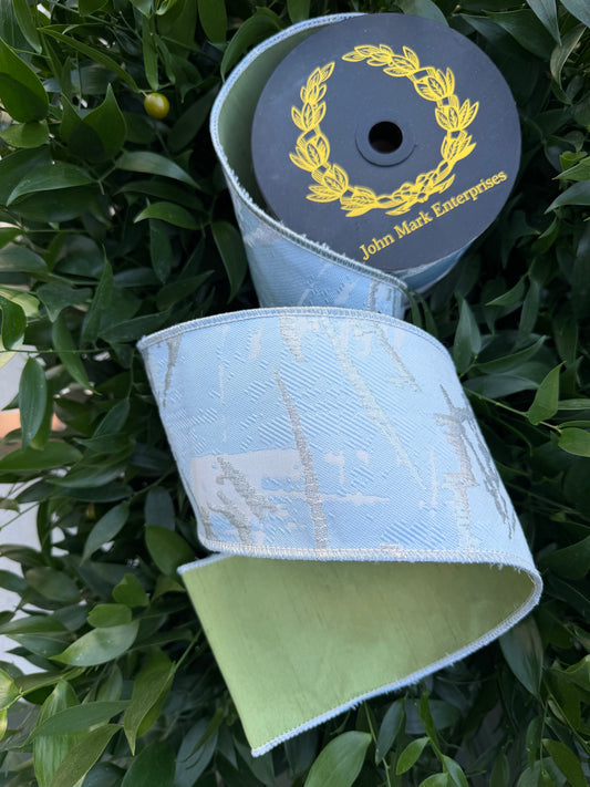 RAISED BRANCH JACQ/DUPION 4"X10YD BLUE HEAVY WIRED RIBBON