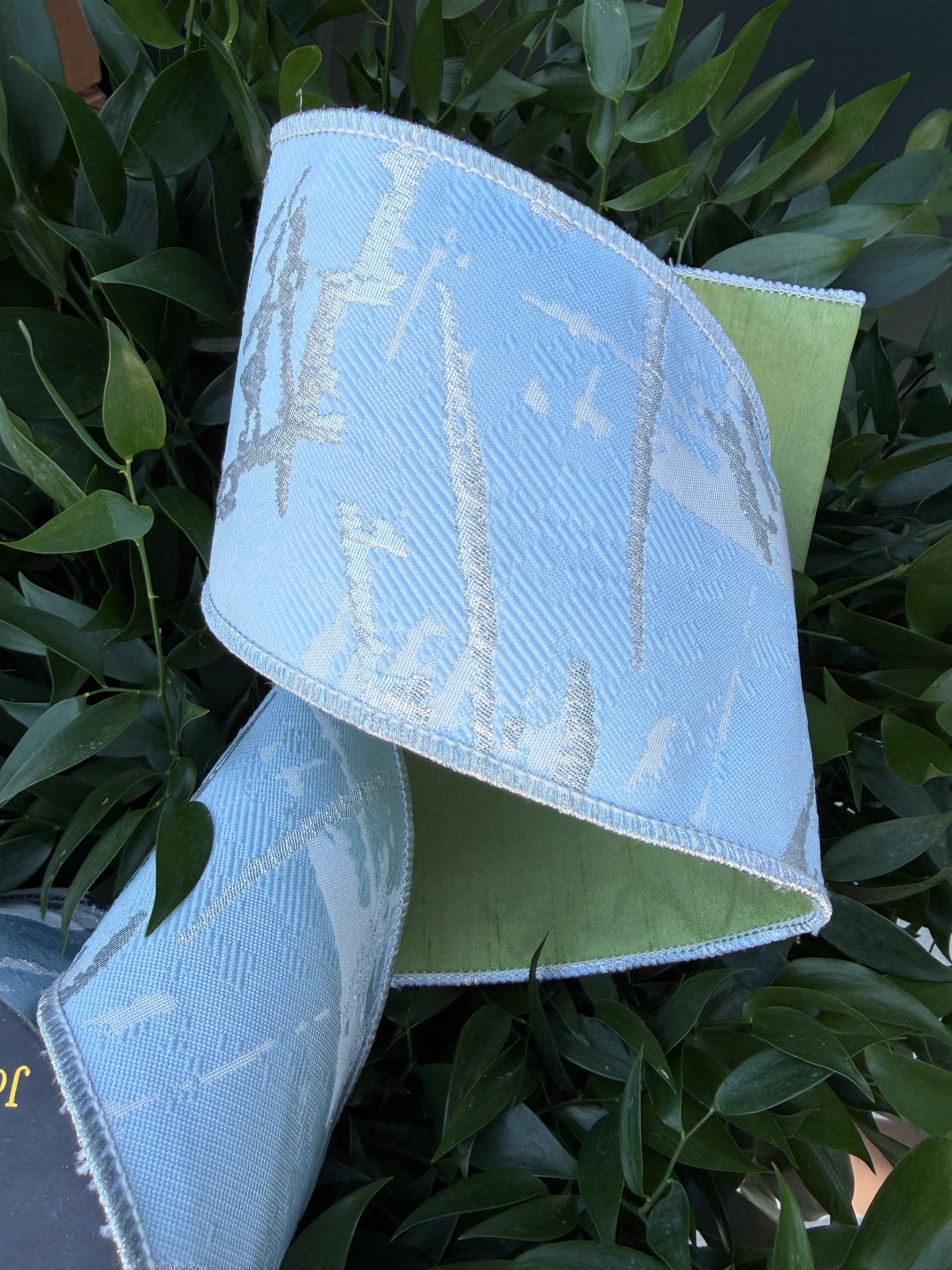 RAISED BRANCH JACQ/DUPION 4"X10YD BLUE HEAVY WIRED RIBBON