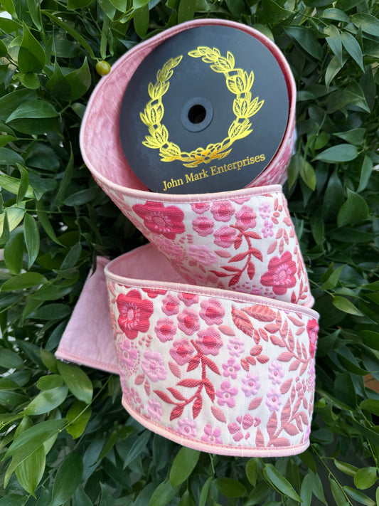 BLOSSOM BRANCH JACQ/DUPION FUSED/PIPING 4"X10YD PINK HEAVY WIRED RIBBON