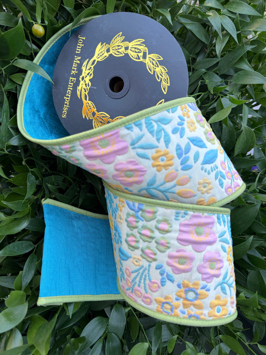 BLOSSOM BRANCH JACQ/DUPION FUSED/PIPING 4"X10YD BLUE HEAVY WIRED RIBBON