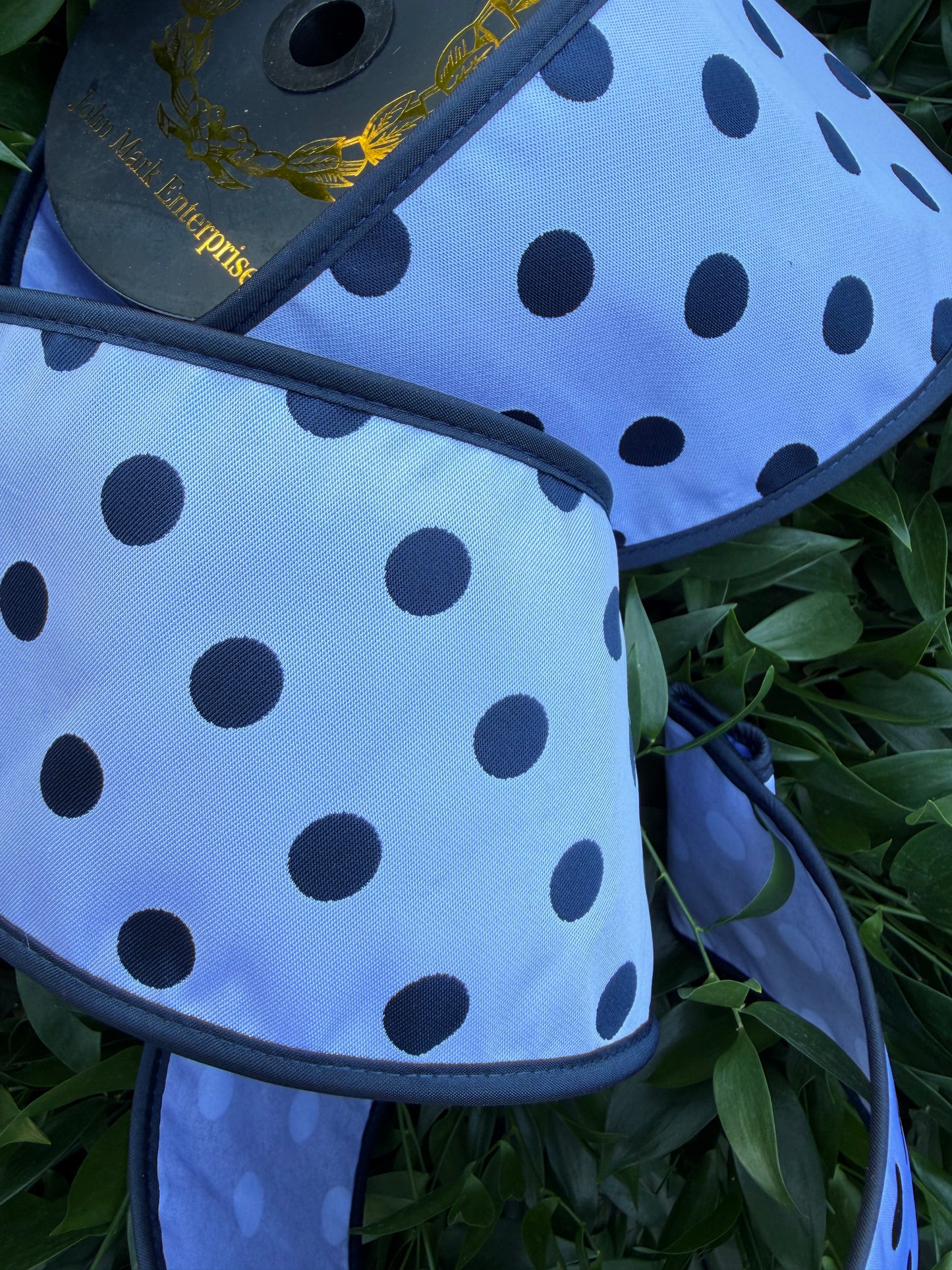 POLKA DOT JACQ/TAFFETA FUSED/TAFFETA PIPING 4"X10YD WHITE/NAVY HEAVY WIRED RIBBON